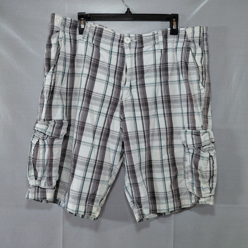 Y2k No Boundaries Plaid Cargo Shorts Men's Sz 40 Teal Plaid Skater Grunge